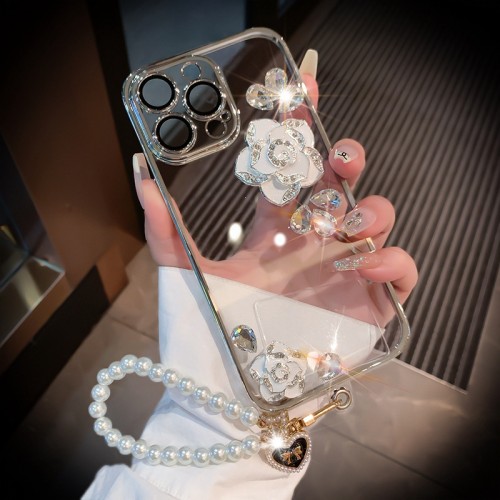 Rhinestones Camellia Phone Case With Full Protective Anti-fall For iPhone With Beads Lanyard